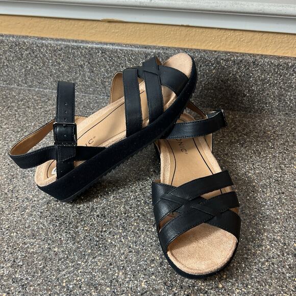 Vionic Women 6.5 Wide Black Leather Sandal Ankle Strap Open Toe Sling Back Wedge - Picture 2 of 11